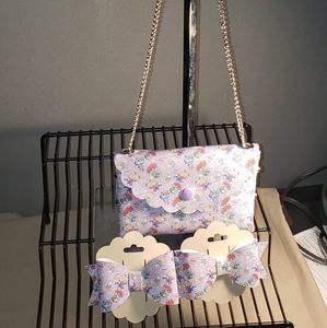 Little girl flux leather purse and matching bow set Handmade